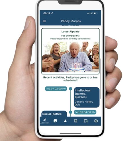 The Companion App on a phone, showing a latest update with a birthday photo and a timeline of activities.